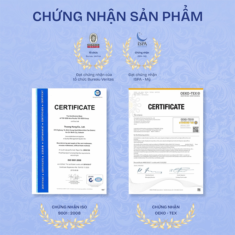 Nệm lò xo túi Number One đạt tiêu chuẩn quốc tế