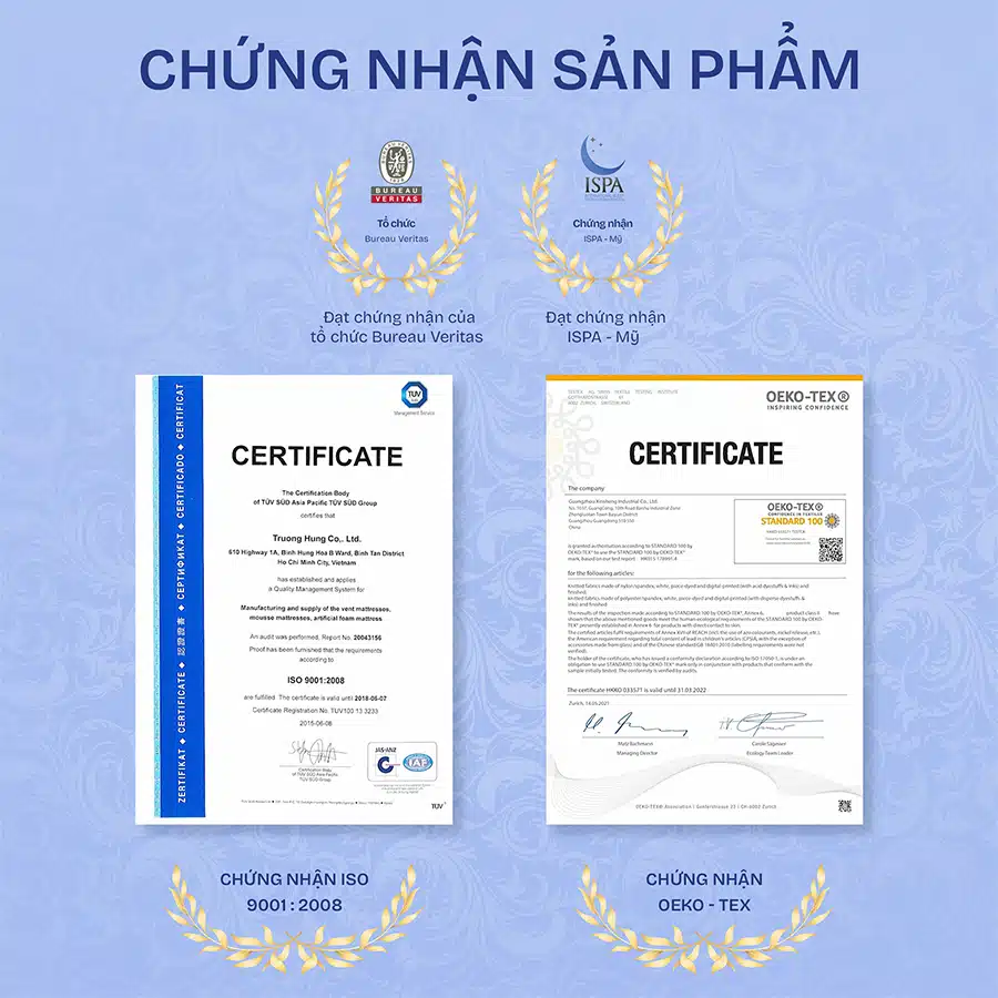 Nệm lò xo túi Number One đạt tiêu chuẩn quốc tế
